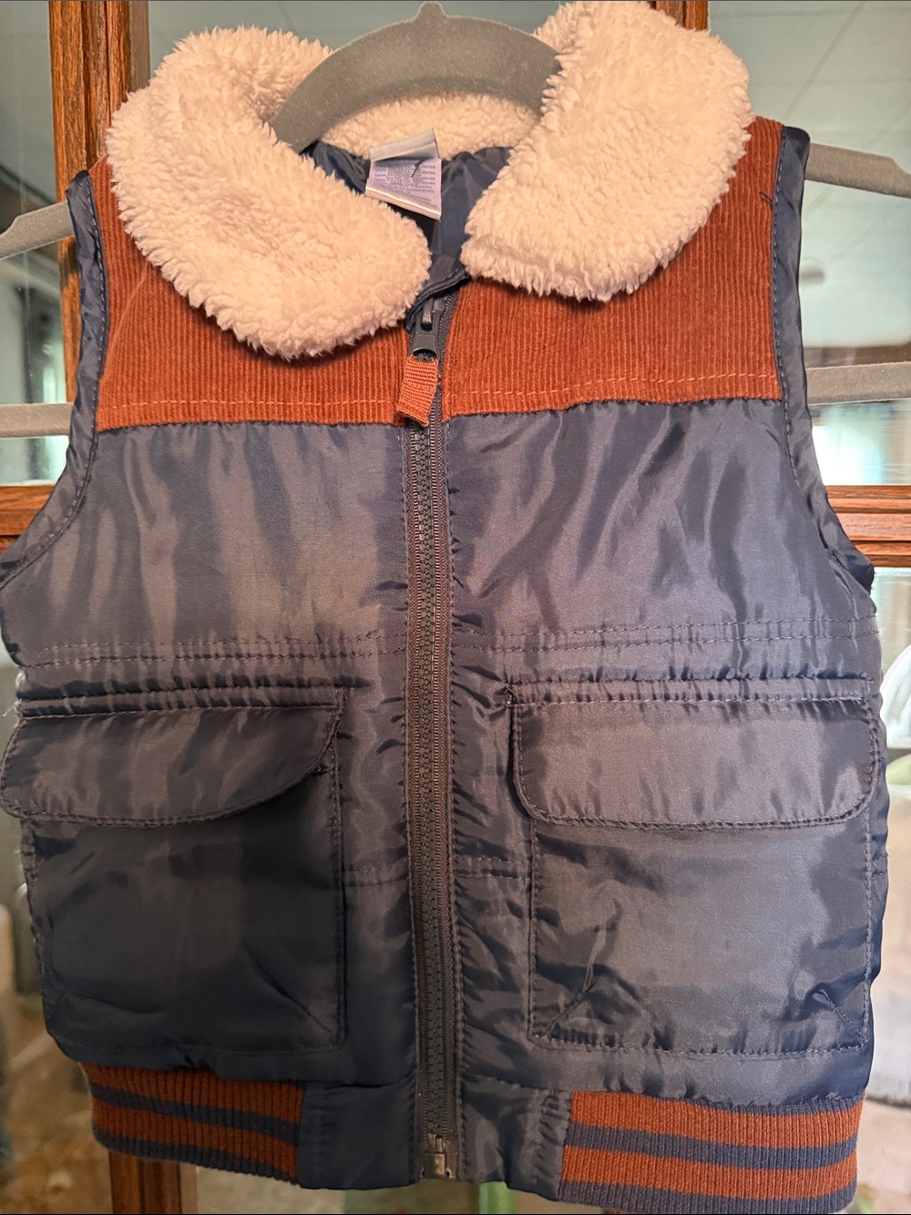 Kids Navy Puffer Vest with Cream Sherpa Collar